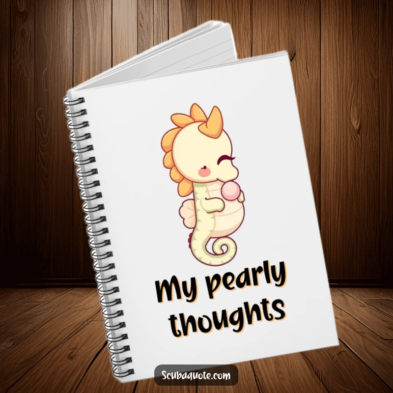 Funny happy seahorse notebook, gently nudging a pearl, perfect for jotting down gentle ideas.
