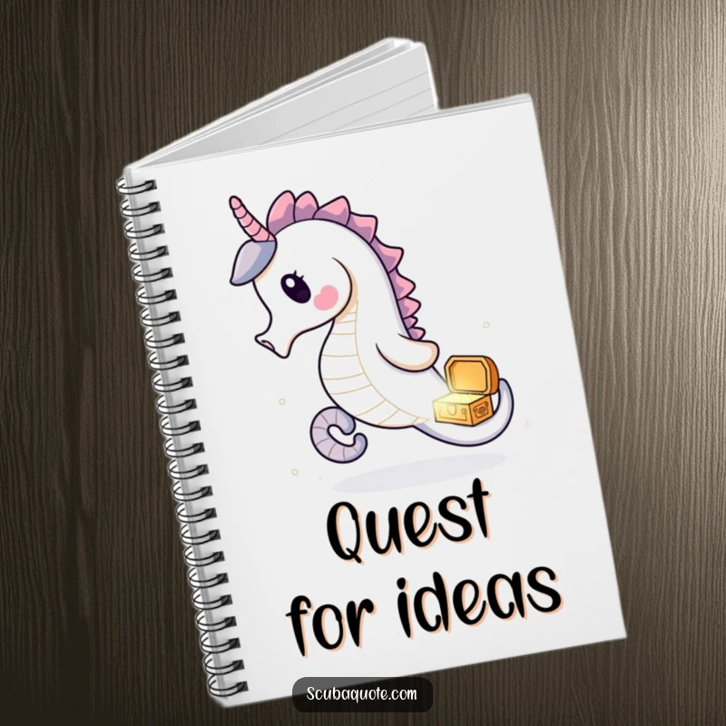 Funny seahorse notebook with a delighted seahorse chasing a treasure chest, ideal for notes and plans.