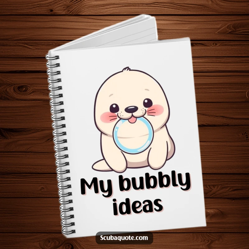 Funny seal notebook with a cute pup blowing a bubble ring, perfect for jotting down playful ideas humorously.