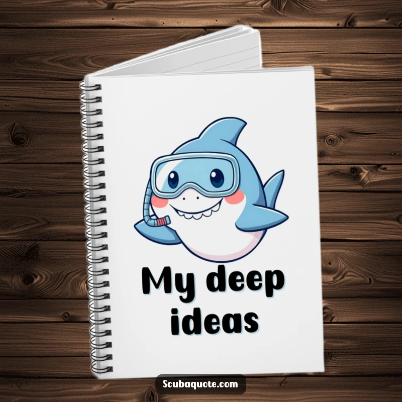 Funny shark notebook with a snorkel, smiling and nodding, perfect for jotting down humorous ideas.