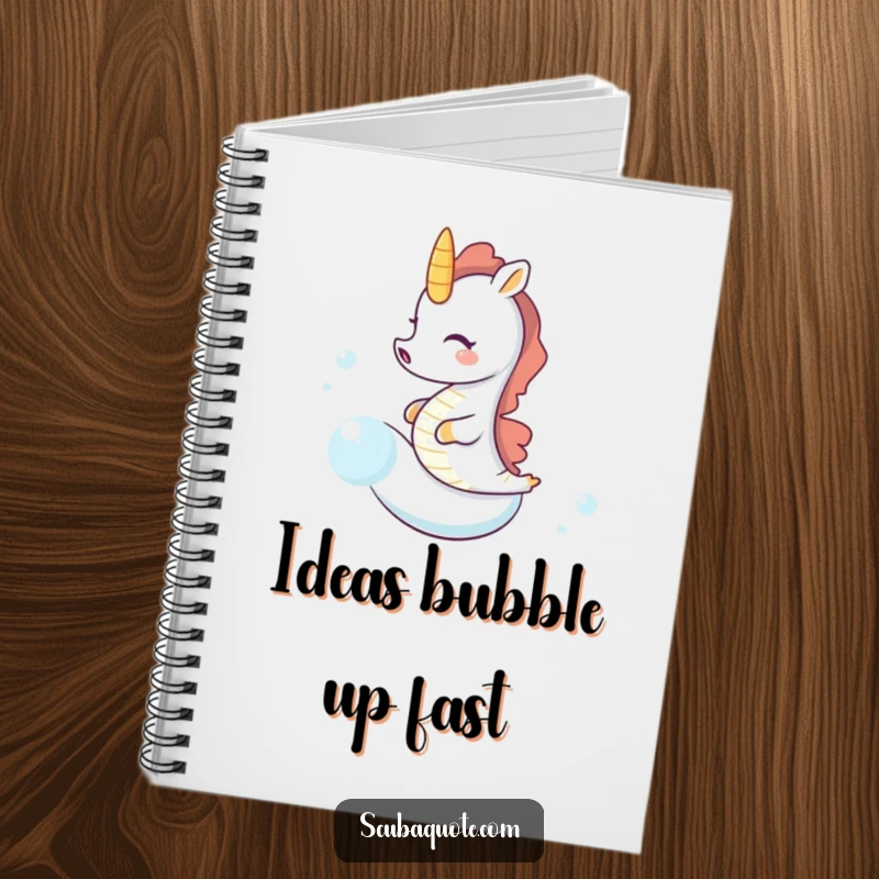 Funny seahorse notebook with a tiny, giggling seahorse riding a bubble, ideal for capturing thoughts with underwater amusement.