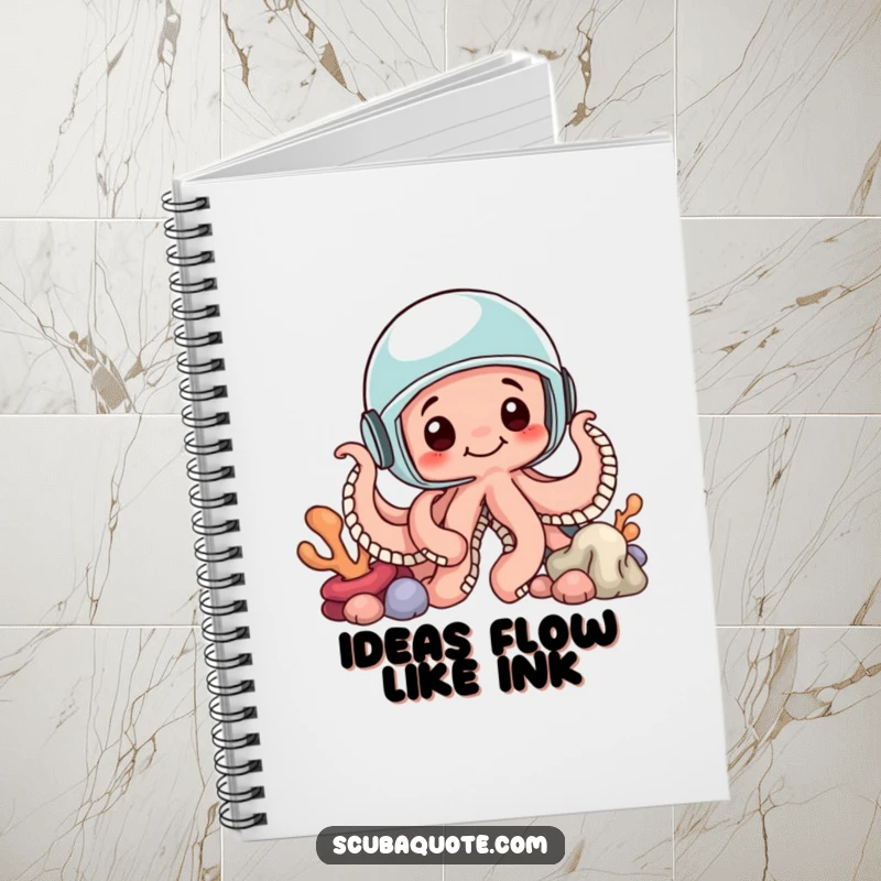 Funny notebook with a curious octopus wearing a helmet, peeking from coral, ideal for jotting notes with a side of ocean humor.
