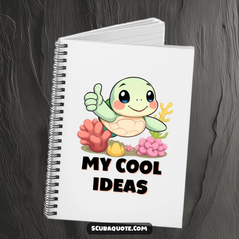 Funny notebook with a cheerful sea turtle giving a thumbs-up near coral, perfect for writing and positive thoughts.