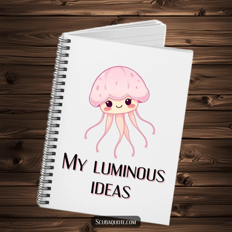 Funny smiling jellyfish floating serenely with glowing tendrils on a notebook cover, ideal for capturing tranquil ideas.
