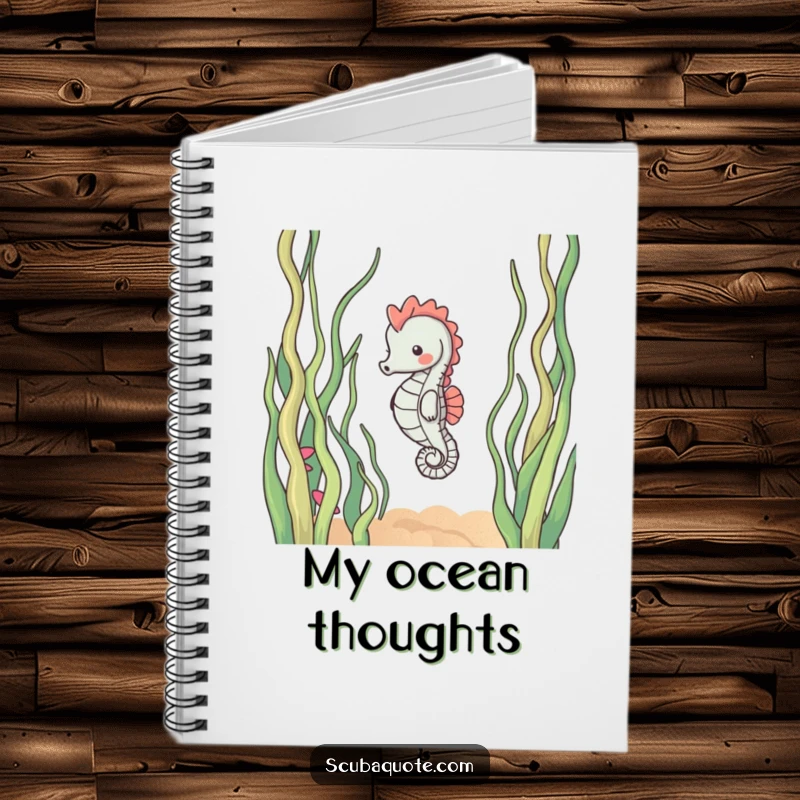 Funny notebook featuring a content seahorse gently drifting through swaying seaweed, ready to capture your calmest thoughts and reflections.