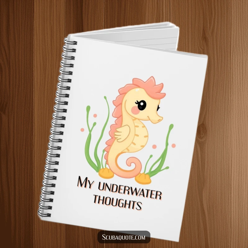 Funny notebook featuring a happy seahorse gracefully swimming through seaweed, perfect for note-taking with a serene ocean theme.