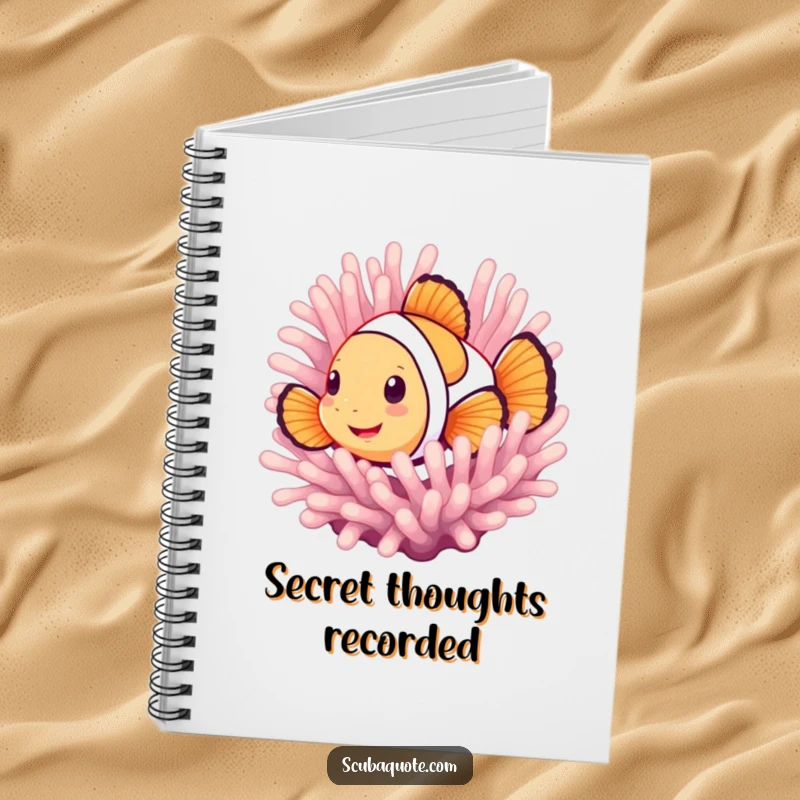 Funny notebook featuring a smiling clownfish peeking from an anemone, designed for note-taking with a delightful underwater theme.