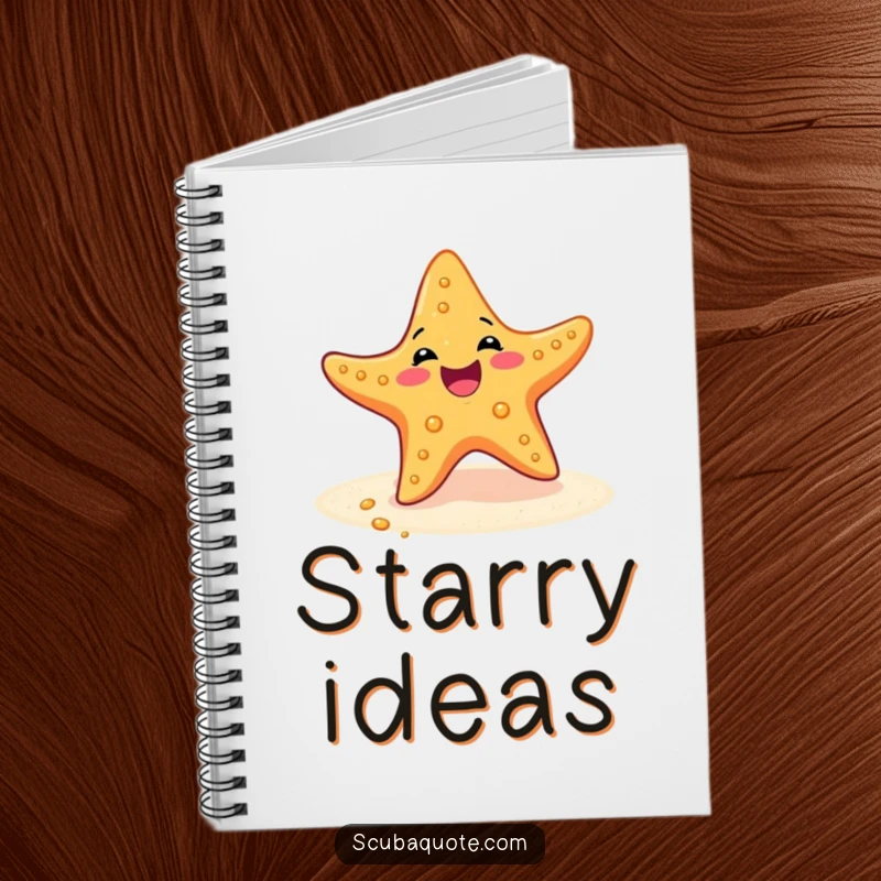 Funny notebook cover depicting a delighted starfish performing a joyful wiggle dance on the sandy ocean floor.