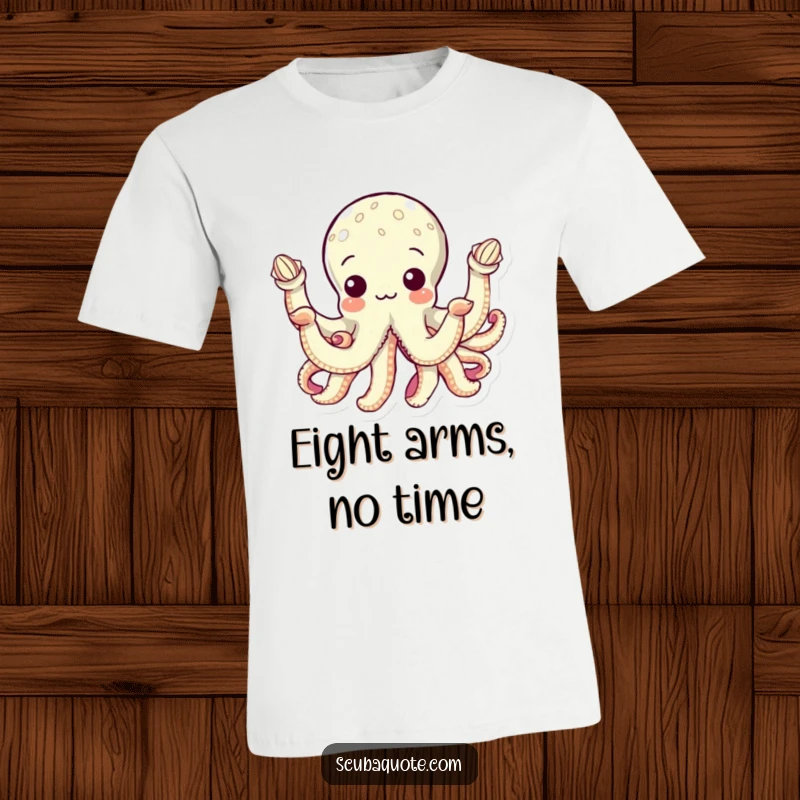 Funny t-shirt with a curious octopus, each of its eight arms carefully holding a unique seashell, symbolizing a passion for gathering.