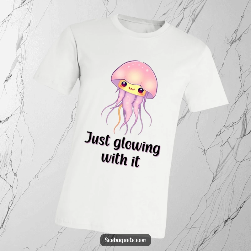 Funny curious jellyfish t-shirt, alive with a soft, internal glow, perfect for a whimsical and humorous statement.