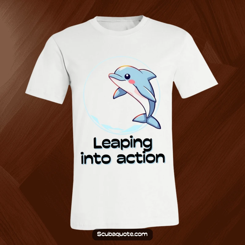 Funny t-shirt with a playful dolphin leaping through a ring of light, perfect for expressing joy and ocean love.