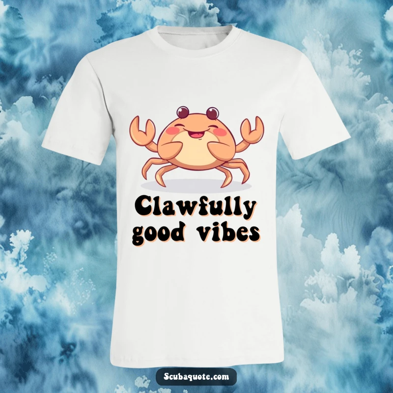 Funny t-shirt showcasing a giggling crab with animatedly wiggling claws, radiating pure joy and playful energy for a humorous look.