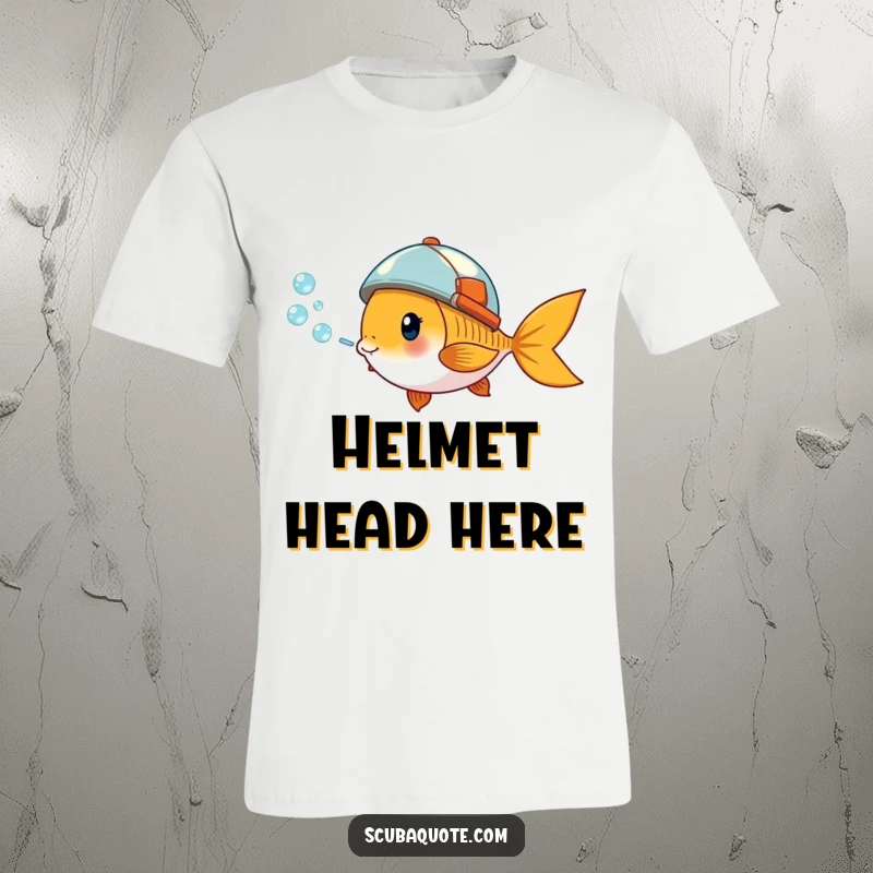 Funny t-shirt featuring a giddy goldfish in a small helmet, blowing a stream of bubbles, embodying playful aquatic spirit.