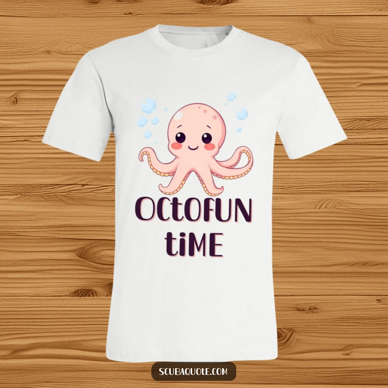 Funny t-shirt depicting a happy octopus playfully blowing big and small bubbles underwater, symbolizing joy.