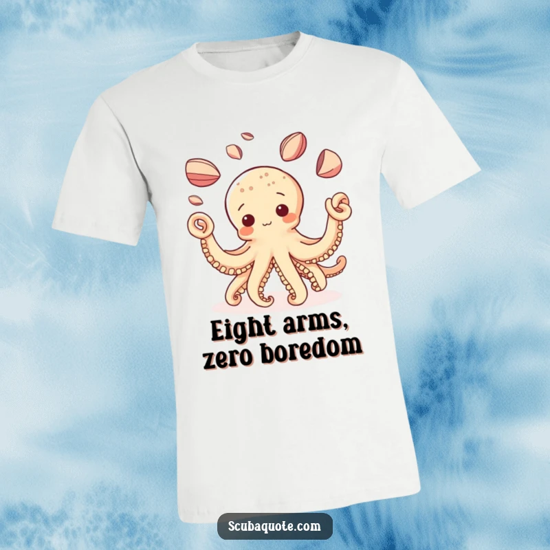Funny Octopus T-Shirt: A curious and talented octopus gleefully juggles a vibrant assortment of shiny shells, radiating joy.