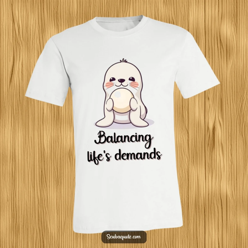 Funny t-shirt featuring a playful seal performing a balancing act with a ball on its nose, radiating fun and energetic joy.