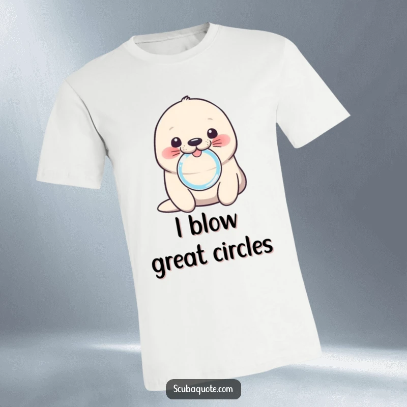 Funny seal t-shirt with a cute pup blowing a bubble ring, perfect for animal enthusiasts and fans of lighthearted humor.