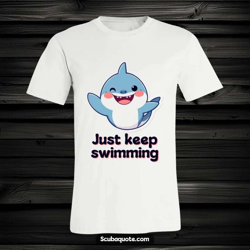 Funny shark t-shirt showcasing a happy shark with a fin raised in a friendly wave, ideal for casual wear and gifts.