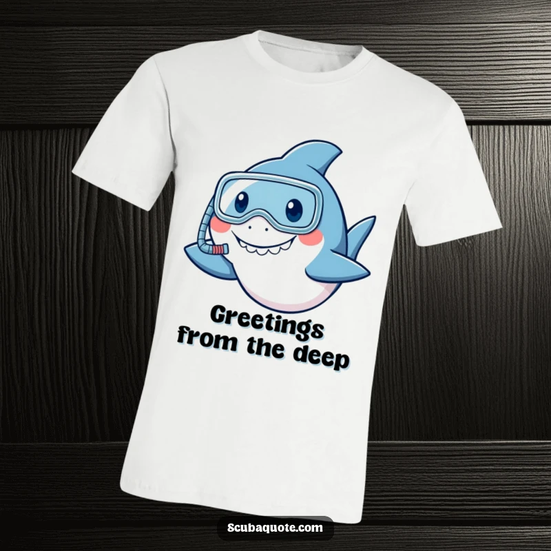 Funny shark t-shirt with a tiny snorkel, smiling and giving a friendly nod, ideal for ocean humor.