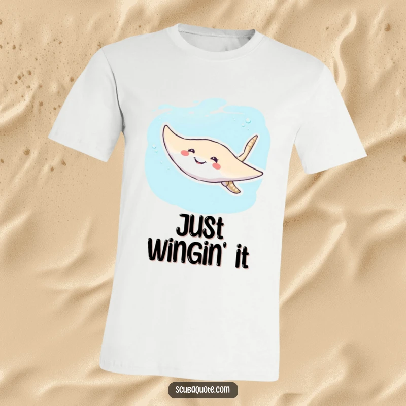Funny Stingray T-Shirt: A smiling stingray gracefully glides through clear blue water, showcasing a cheerful and free-spirited ocean vibe.