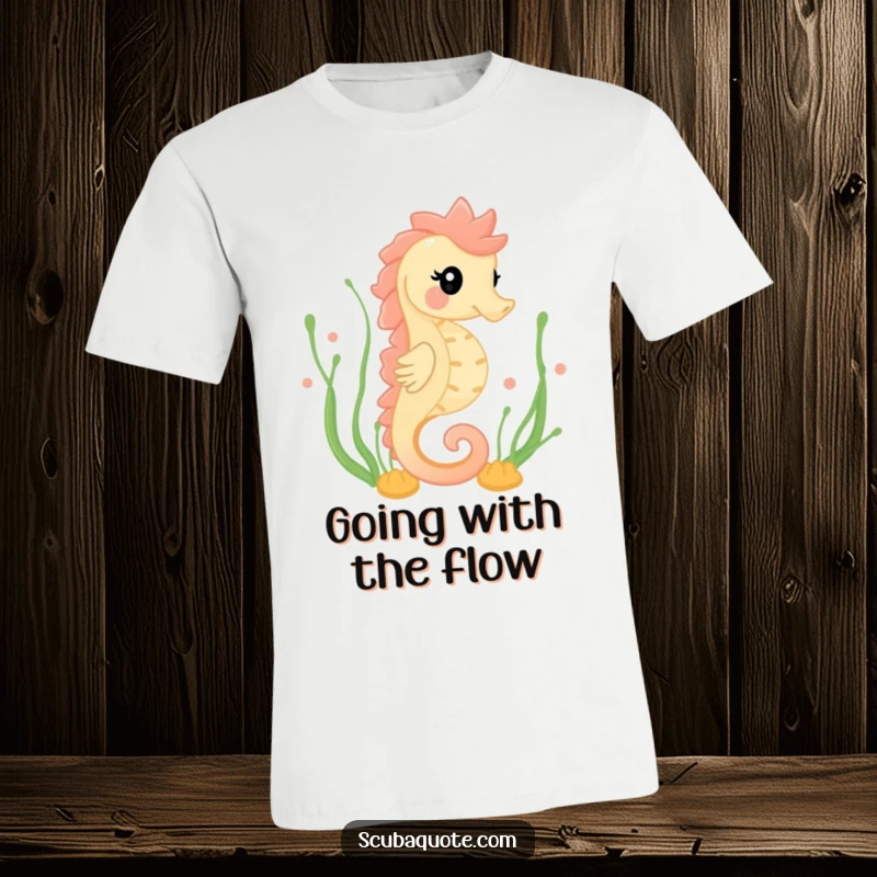 Funny t-shirt showcasing a happy seahorse gracefully swimming through seaweed, radiating peaceful underwater vibes and gentle movement.