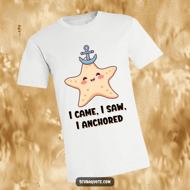 Funny starfish t-shirt featuring a contented starfish effortlessly balancing a small anchor on its head, exuding relaxed humor.