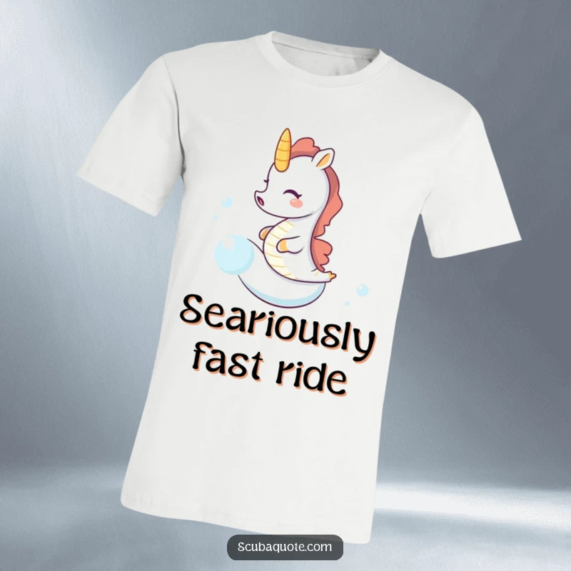 Funny seahorse t-shirt showing a tiny seahorse gleefully riding a fast bubble, radiating pure, unadulterated underwater amusement.