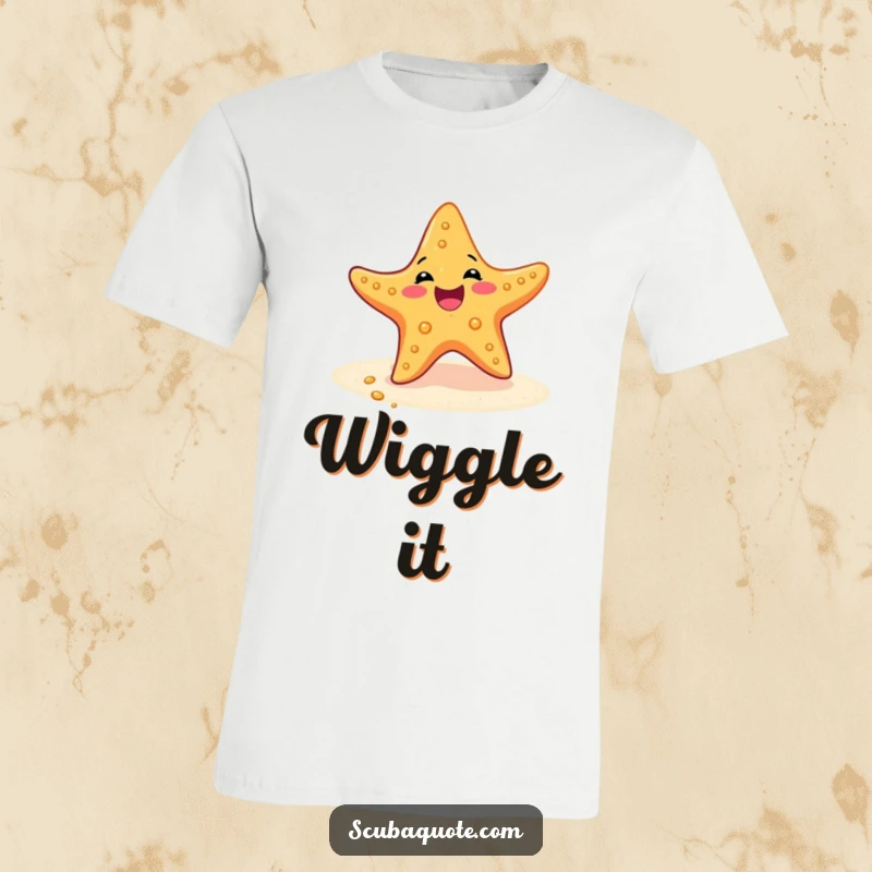 Funny t-shirt with a delighted starfish doing a happy wiggle dance on the sandy ocean floor, celebrating seaside fun.