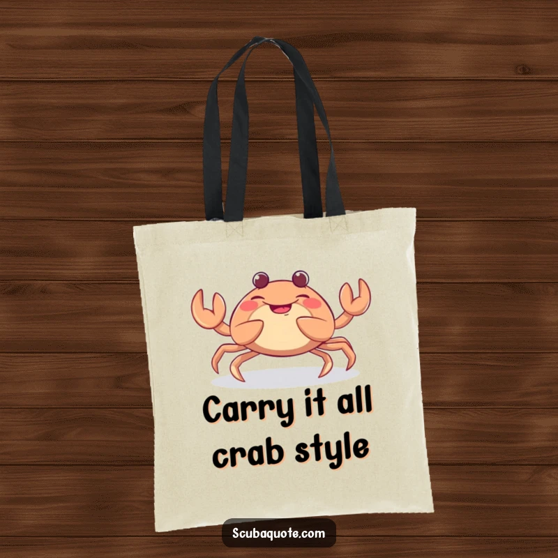 Funny tote bag depicting a giggling crab with its claws in motion, symbolizing a cheerful and playful spirit for everyday use.