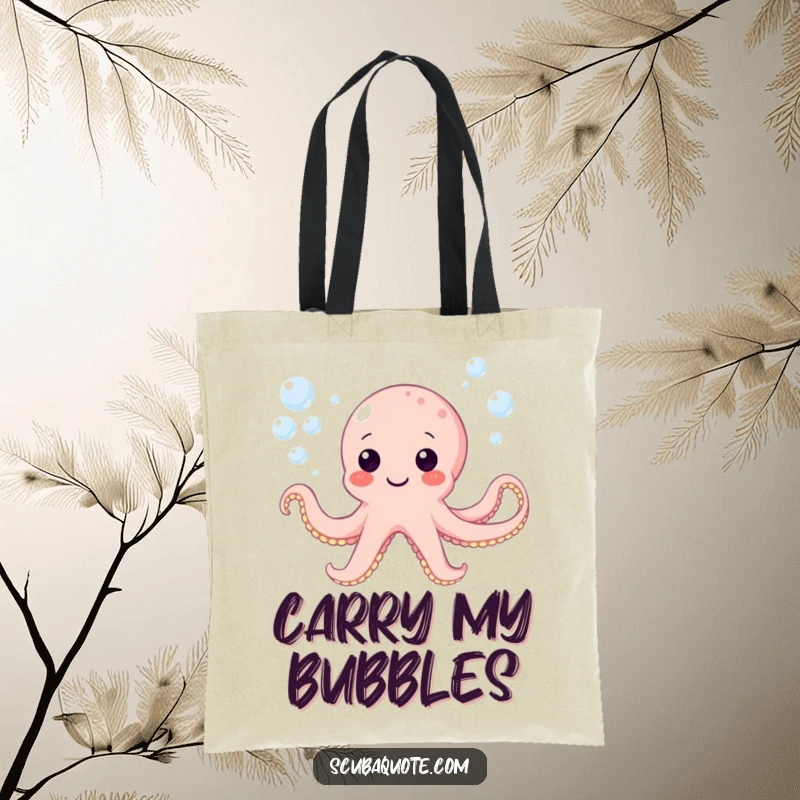 Funny tote bag with a happy octopus character blowing bubbles underwater, great for carrying daily items.