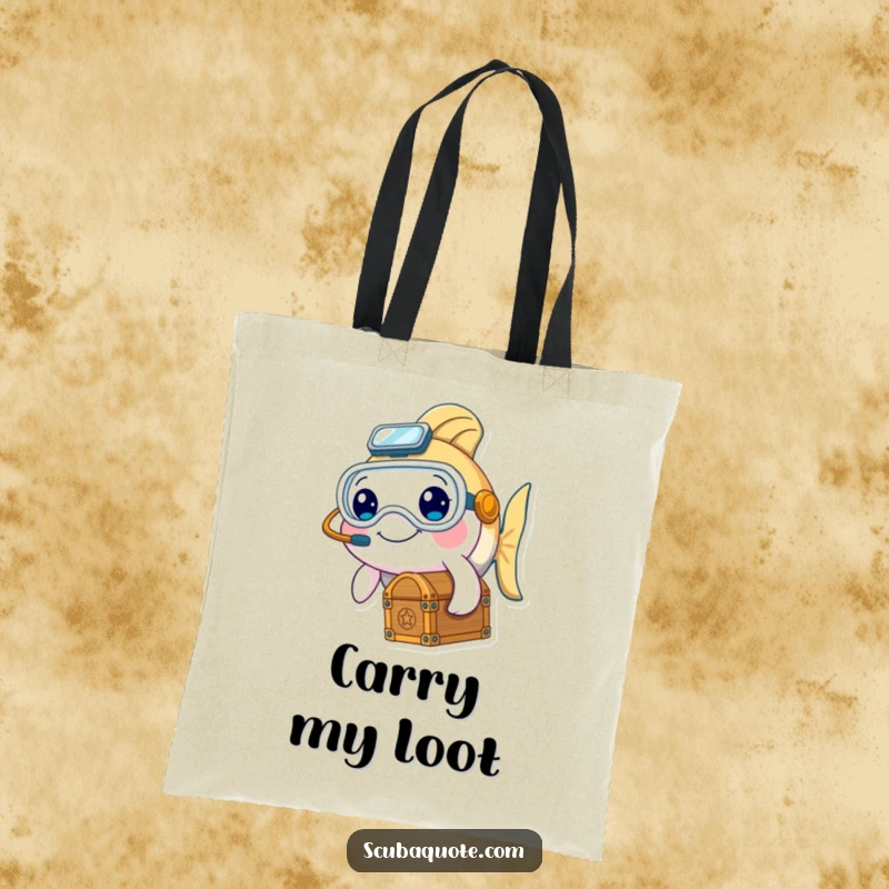 Funny tote bag featuring a smiling fish character with a diving mask and treasure chest, great for carrying essentials.
