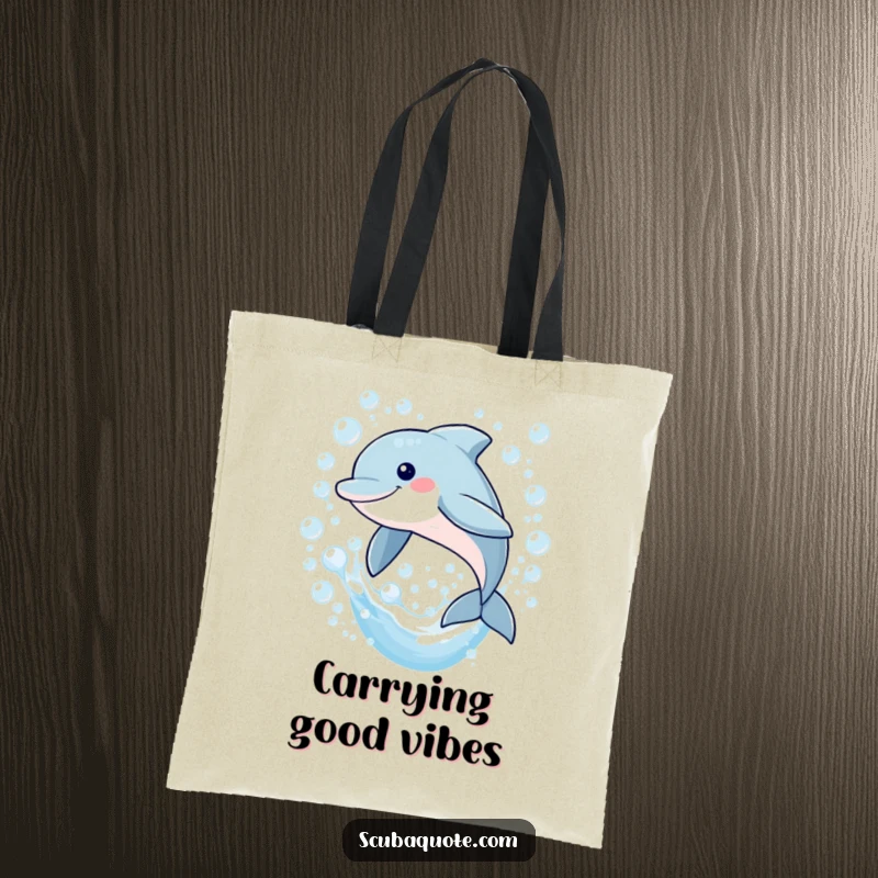 Funny tote bag featuring a smiling dolphin leaping through bubbles, ideal for carrying groceries or beach gear with a touch of marine joy.