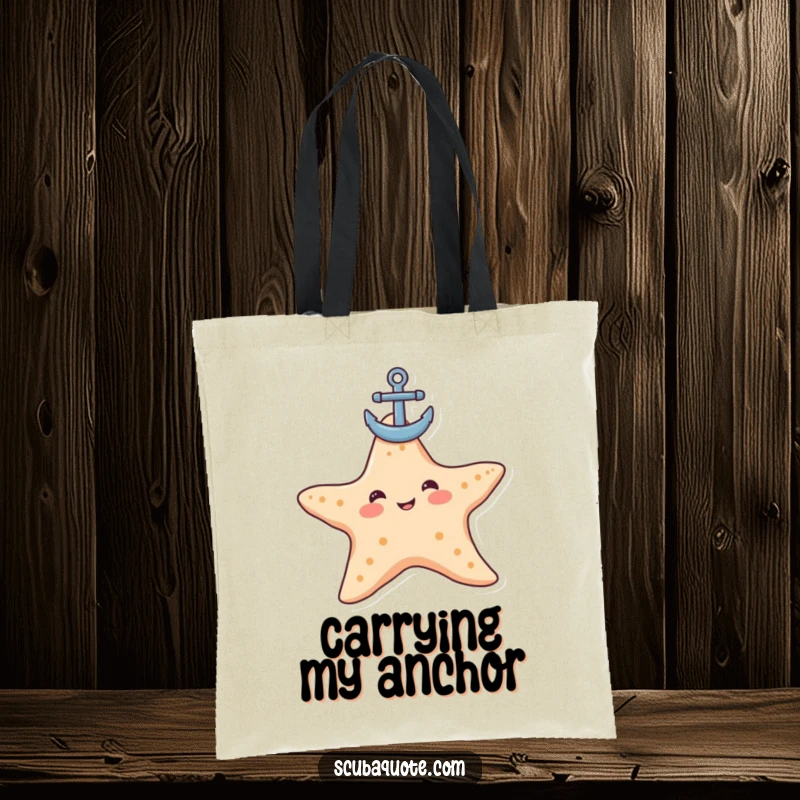 Funny starfish tote bag showcasing a contented starfish balancing an anchor, perfect for carrying essentials with a humorous beachy vibe.