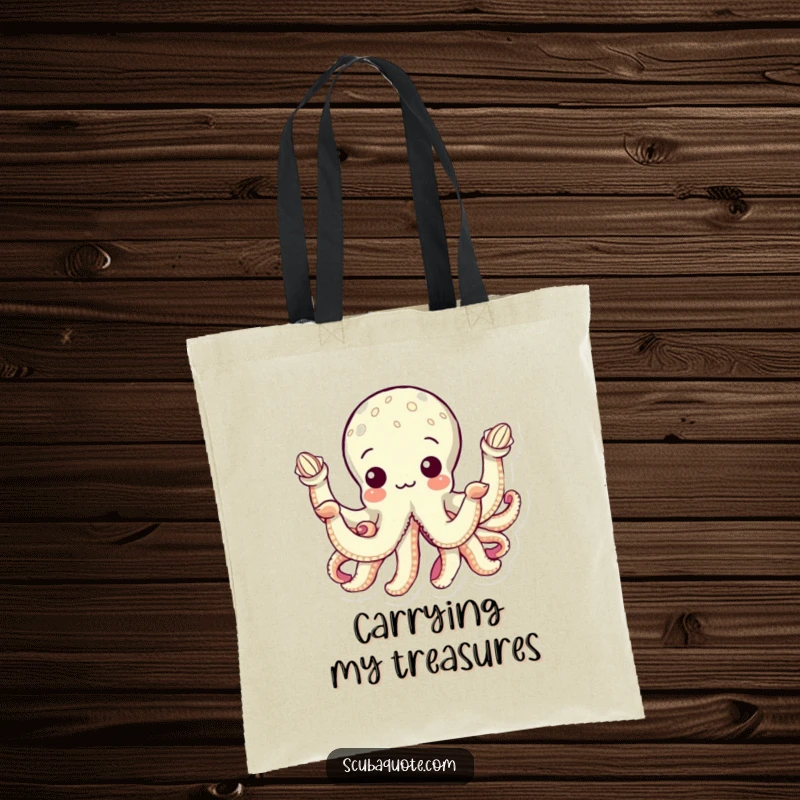 Funny tote bag featuring a curious octopus with eight arms each holding a seashell, ideal for carrying essentials with an oceanic theme.