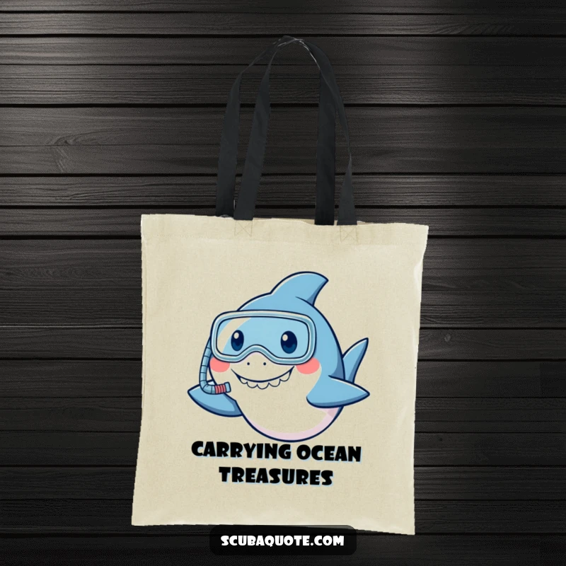 Funny shark tote bag with a snorkel, smiling and nodding, ideal for carrying items humorously.