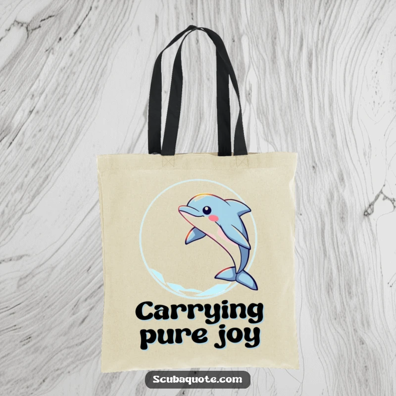 Funny tote bag with a playful dolphin leaping through a ring of light, great for carrying essentials with aquatic humor.