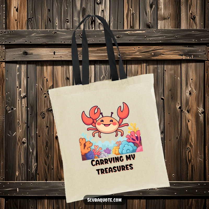 Funny tote bag showing a happy crab with claws out, exploring and smiling amidst a vibrant coral reef.
