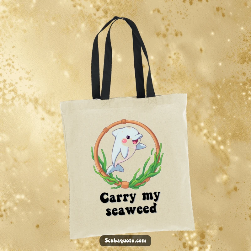 Funny tote bag with a playful dolphin leaping through a seaweed hoop, perfect for carrying essentials.