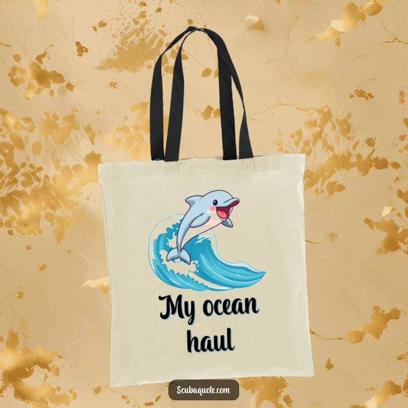 Funny happy dolphin leaping from a blue wave on a durable tote bag, ideal for carrying beach essentials.