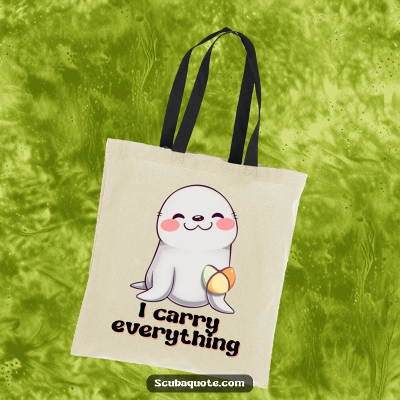 Funny tote bag featuring a seal caught mid-giggle, perfectly balancing a small, bright ball on its nose, ready for adventure.