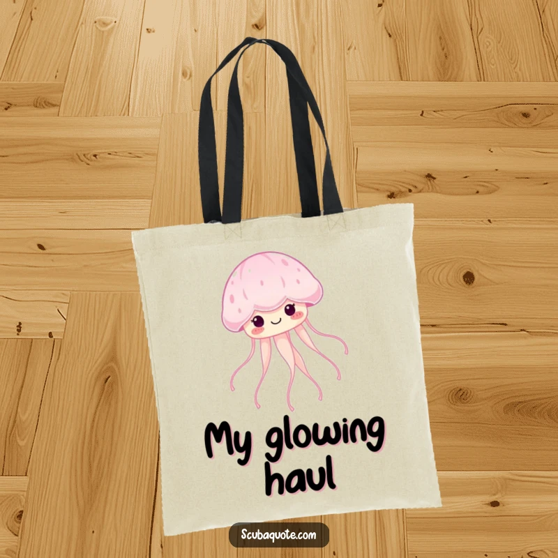 Funny smiling jellyfish floating serenely with glowing tendrils on a durable tote bag, ideal for carrying treasures.