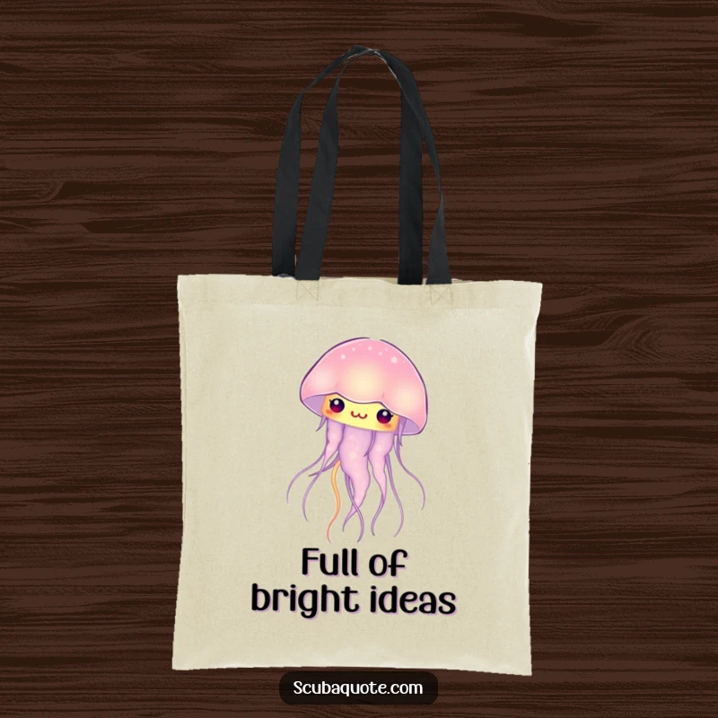 Funny curious jellyfish tote bag, emitting a soft, internal glow, showcasing a charming and humorous ocean dweller.
