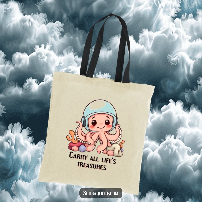 Funny tote bag with a curious octopus wearing a helmet, peering from coral, great for carrying essentials with marine-themed humor.