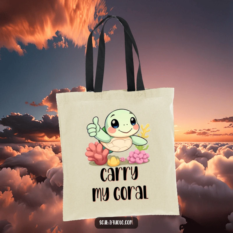 Funny tote bag with a cheerful sea turtle giving a thumbs-up near coral, perfect for beach trips and shopping.