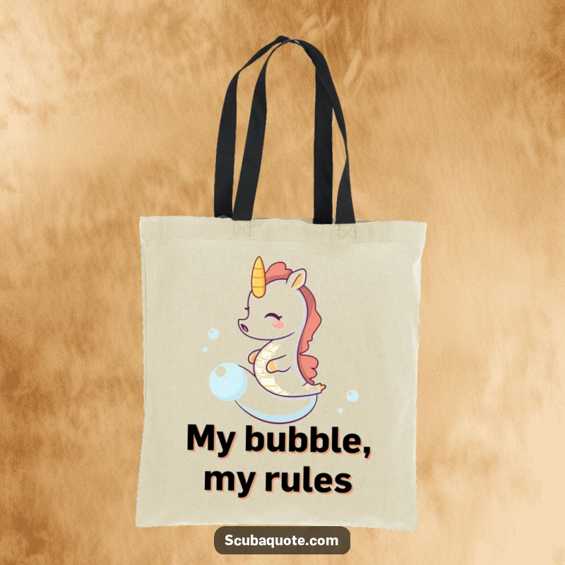 Funny seahorse tote bag illustrating a tiny, giggling seahorse riding a swift bubble, a charming and humorous ocean-themed accessory.