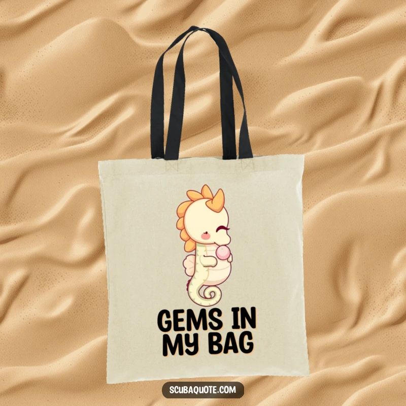 Funny happy seahorse tote bag, gently nudging a pearl, ideal for carrying treasures humorously.