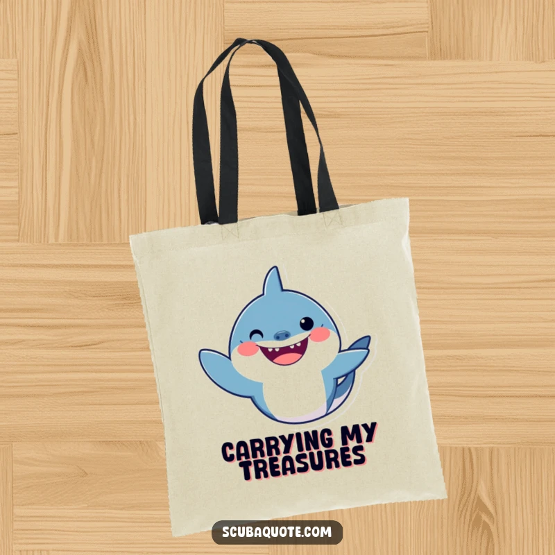 Funny shark tote bag with a smiling shark waving a friendly fin, great for shopping and beach trips.