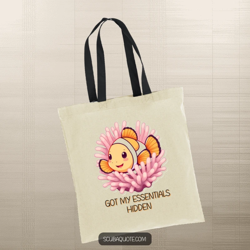 Funny tote bag with a smiling clownfish peeking from an anemone, perfect for carrying essentials with a dose of ocean-themed fun.