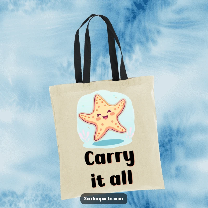 Funny starfish tote bag with a cheerful starfish dancing underwater, great for shopping and daily use.