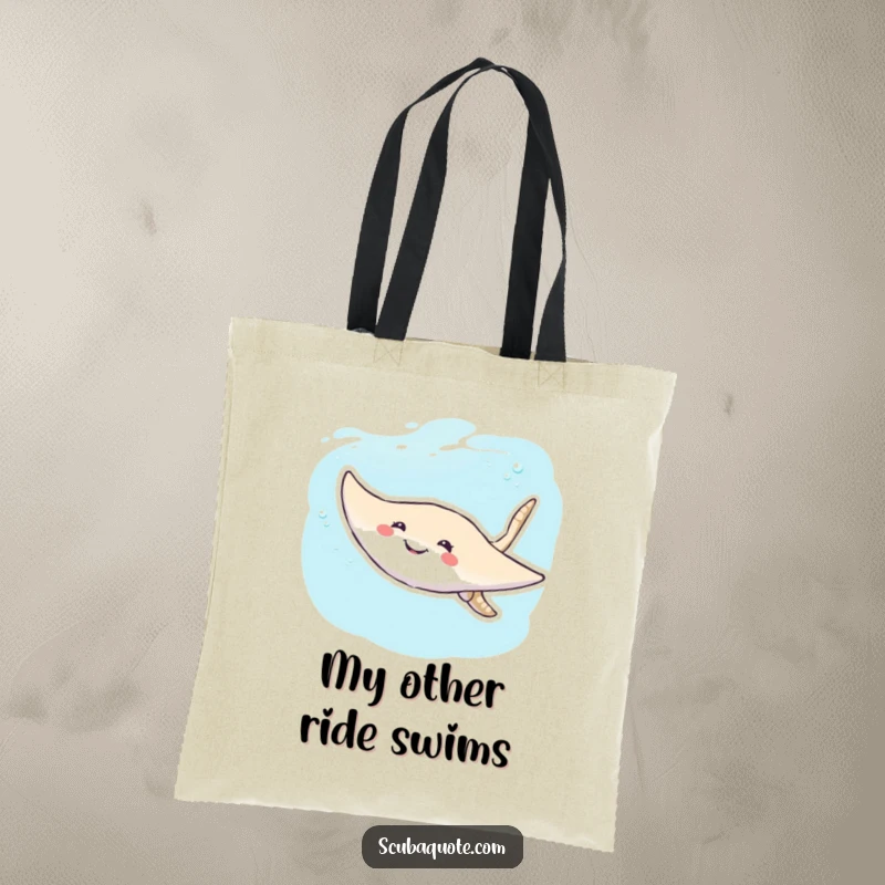 Funny Stingray Tote Bag: A happy stingray gracefully glides, perfect for carrying groceries or beach gear with a smile.